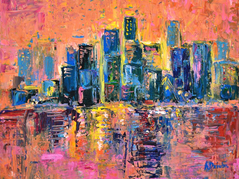 Pink Sky - original abstract acrylic painting of the sunset over the New York Harbour by Adriana Dziuba