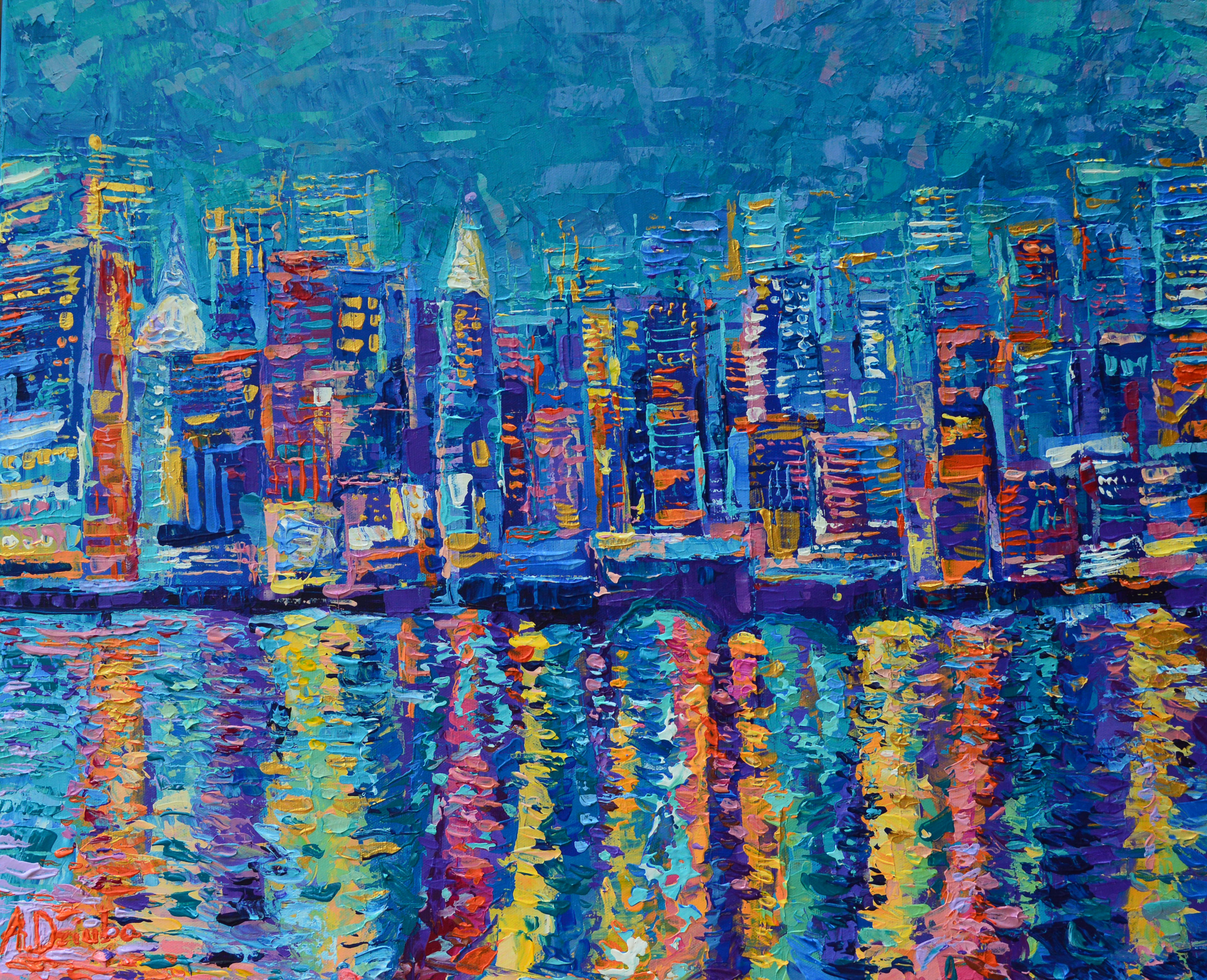 New York - The City That Never Sleeps original modern palette knife acrylic painting on canvas by Adriana Dziuba