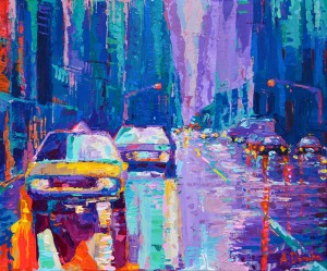 Streets of New York #2, original modern palette knife city painting of New York and vibrant yellow cabs by Adriana Dziuba