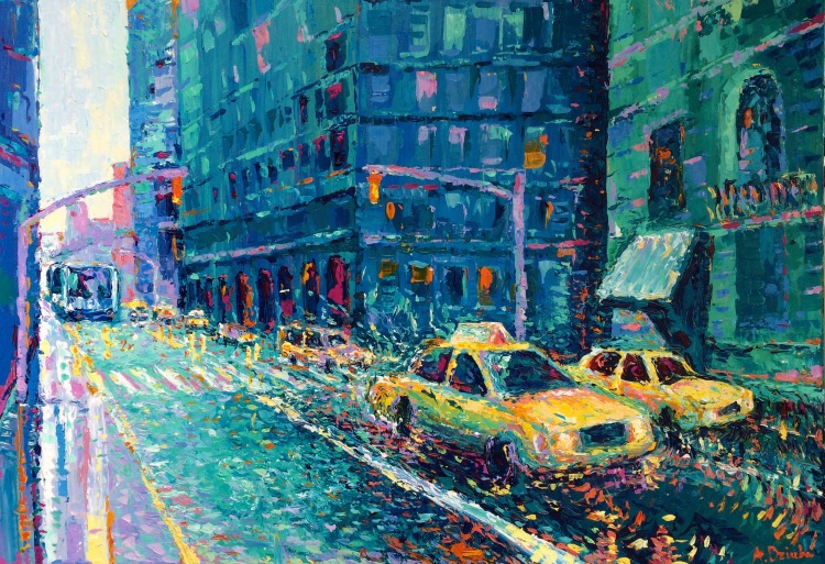 Rainy Day in New York , original modern palette knife city painting of New York and vibrant yellow cabs by Adriana Dziuba