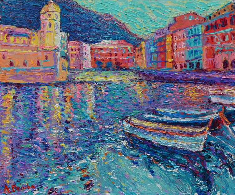Sunset in Port of Vernazza original palette knife city landscape painting of beautiful Vernazza harbur in Italy by Adriana Dziuba