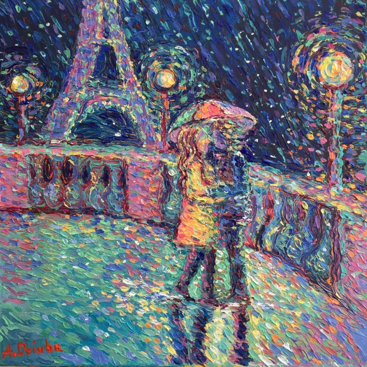 Lovers in Rainy Paris #2 | 40cm x 40cm | Acrylic on Canvas | 2017 | Original Sold | ©Adriana Dziuba