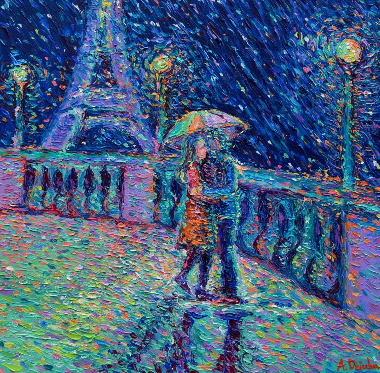 Lovers in Rainy Paris | 60cm x 60cm | Acrylic on Canvas | 2017 | Original Sold | ©Adriana Dziuba